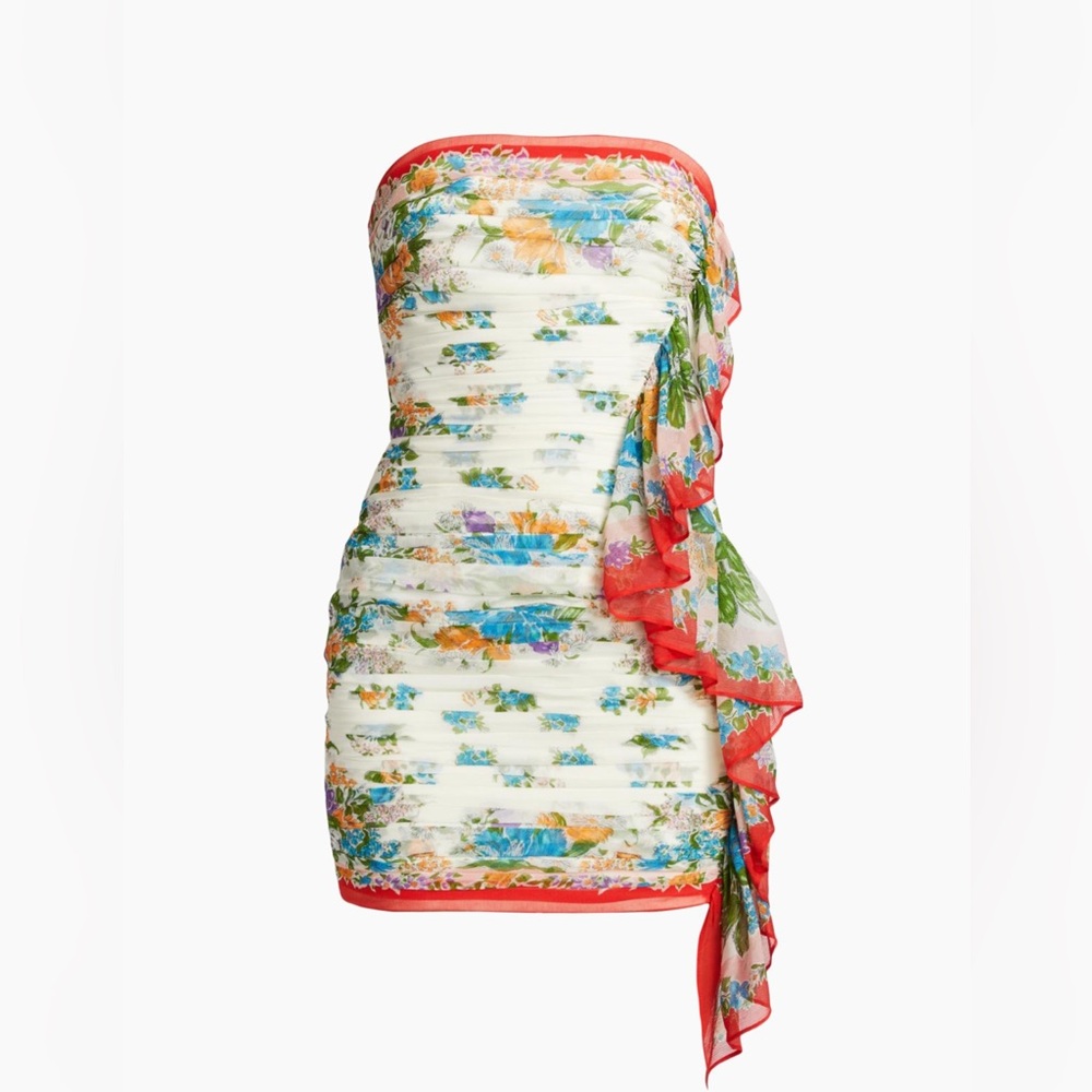 Ronny Kobo Collection Floral Strapless Mini Dress in White and Coral